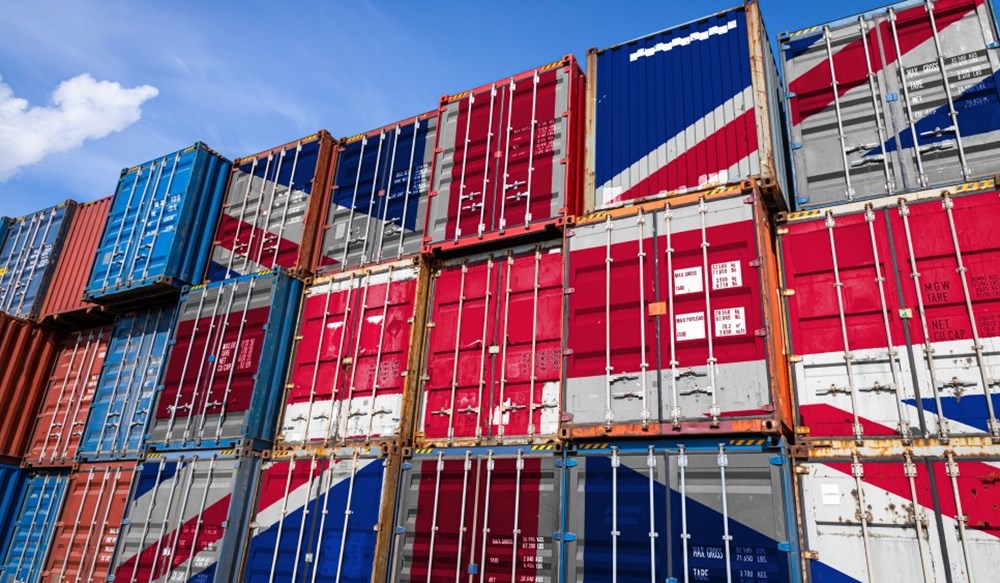 Export containers displaying the Union Jack